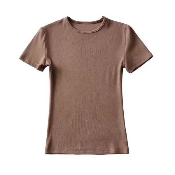 Casual Summer Women’s Skinny Fit T-Shirt – Short Sleeve O-Neck Crop Top - Dark Kahki / L