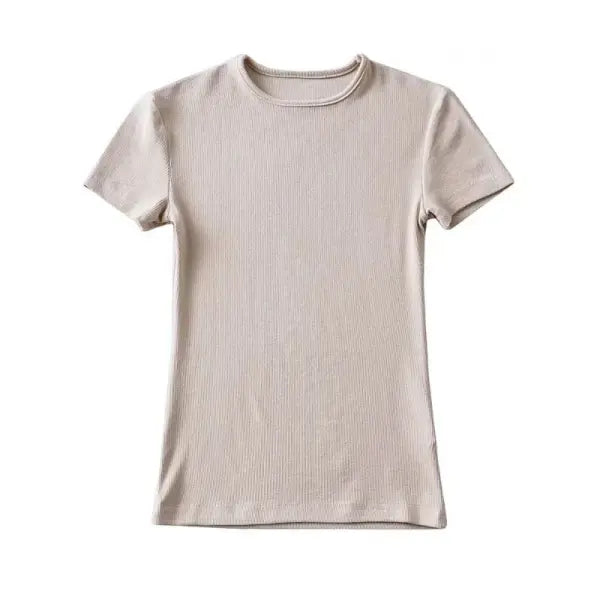 Casual Summer Women’s Skinny Fit T-Shirt – Short Sleeve O-Neck Crop Top - Beige / L