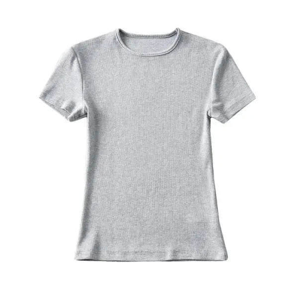 Casual Summer Women’s Skinny Fit T-Shirt – Short Sleeve O-Neck Crop Top - light grey / L