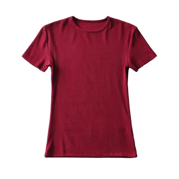 Casual Summer Women’s Skinny Fit T-Shirt – Short Sleeve O-Neck Crop Top - Claret / L
