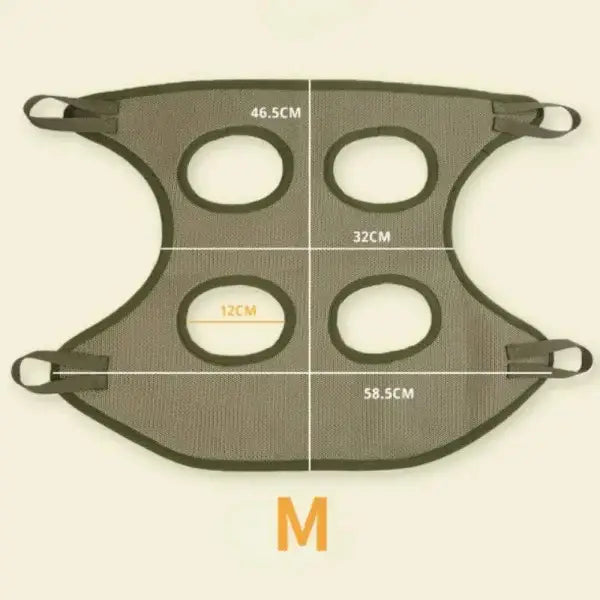 Gray fabric cat grooming bag with oval openings and elastic straps for stress-free feline grooming