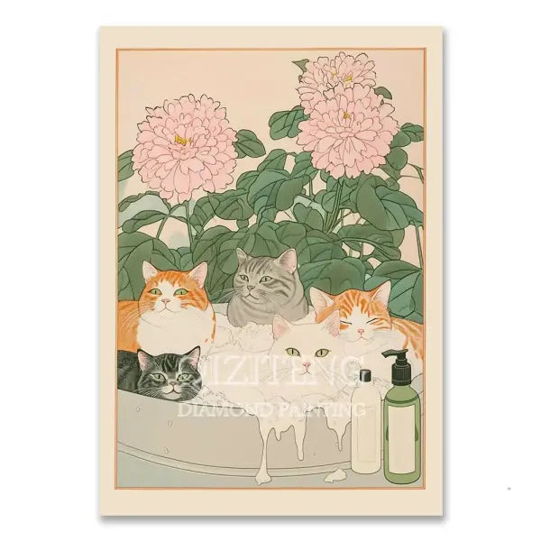Cat in Bathtub Diamond Painting Square Round Kit Retro Home Decor - RT-3050 / 20x30cm Round