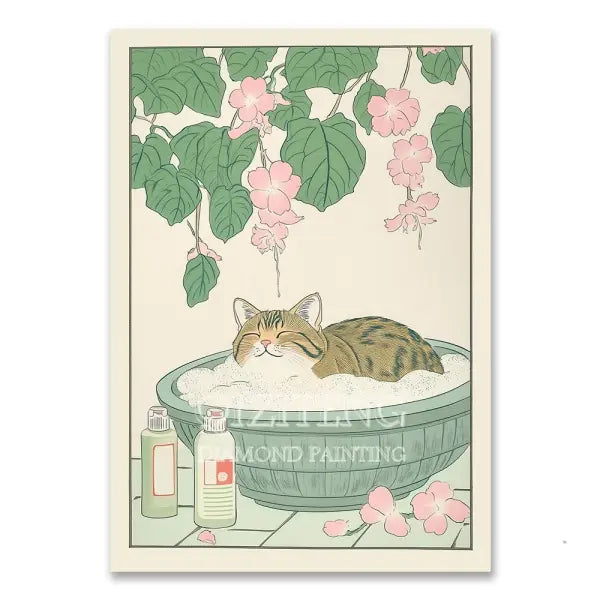 Cat in Bathtub Diamond Painting Square Round Kit Retro Home Decor - RT-3052 / 20x30cm Square