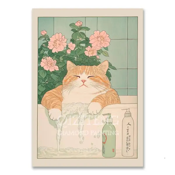 Cat in Bathtub Diamond Painting Square Round Kit Retro Home Decor - RT-3041 / 20x30cm Round