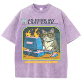 Cat Playing Computer Games T-Shirt – Unisex Snow Wash Cotton Graphic Tee Casual Short Sleeve - Purple / XL