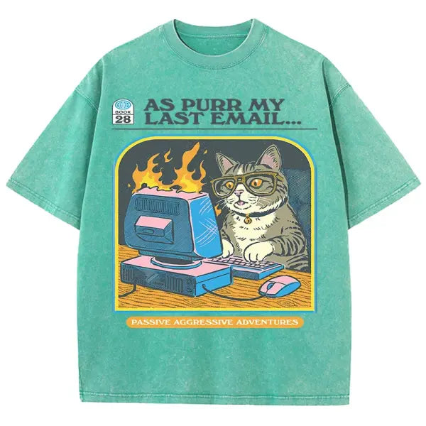 Cat Playing Computer Games T-Shirt – Unisex Snow Wash Cotton Graphic Tee Casual Short Sleeve - Green / XXL
