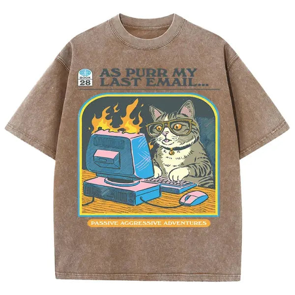 Cat Playing Computer Games T-Shirt – Unisex Snow Wash Cotton Graphic Tee Casual Short Sleeve - Brown / S