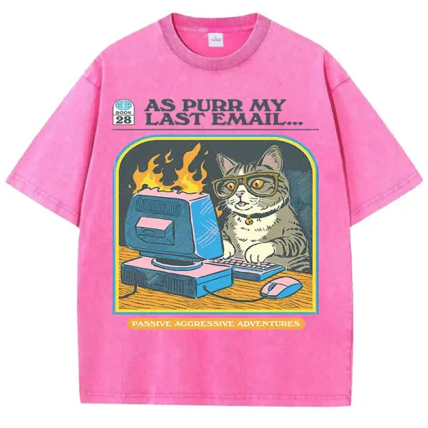 Cat Playing Computer Games T-Shirt – Unisex Snow Wash Cotton Graphic Tee Casual Short Sleeve - Pink / M