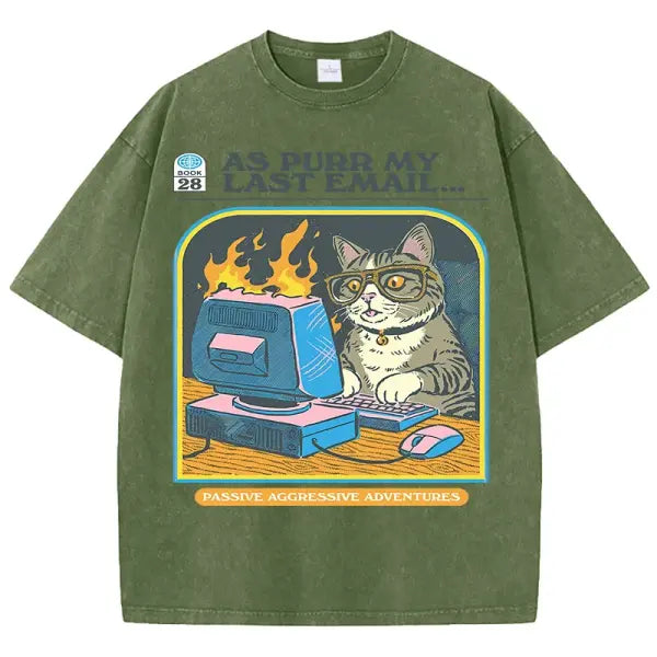 Cat Playing Computer Games T-Shirt – Unisex Snow Wash Cotton Graphic Tee Casual Short Sleeve - Dark Green / L