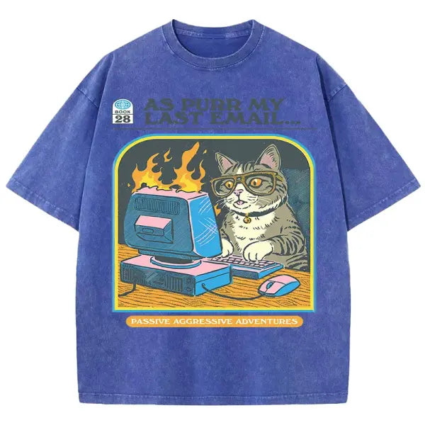 Cat Playing Computer Games T-Shirt – Unisex Snow Wash Cotton Graphic Tee Casual Short Sleeve - Blue / M