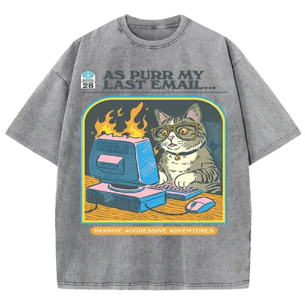 Cat Playing Computer Games T-Shirt – Unisex Snow Wash Cotton Graphic Tee Casual Short Sleeve - Gray / S