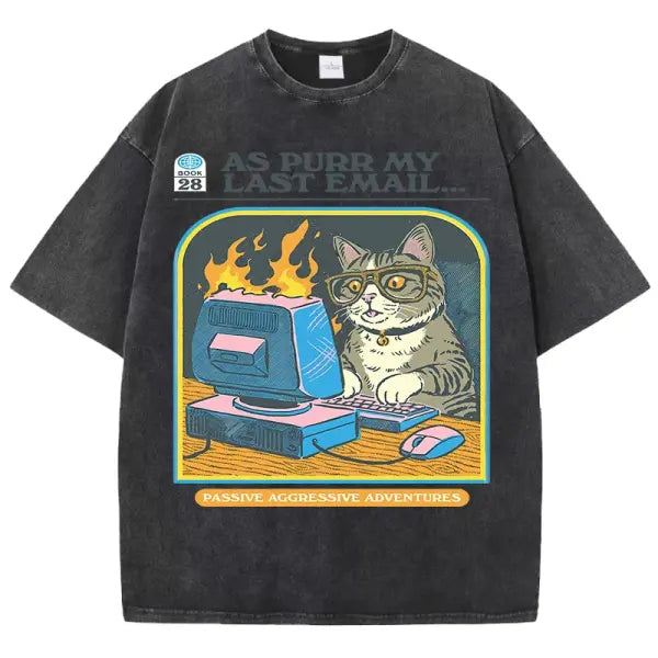 Cat Playing Computer Games T-Shirt – Unisex Snow Wash Cotton Graphic Tee Casual Short Sleeve - Black / XXL