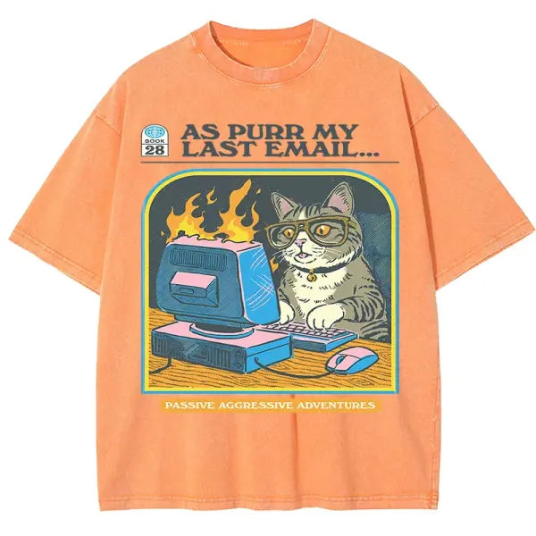 Cat Playing Computer Games T-Shirt – Unisex Snow Wash Cotton Graphic Tee Casual Short Sleeve - Orange / L