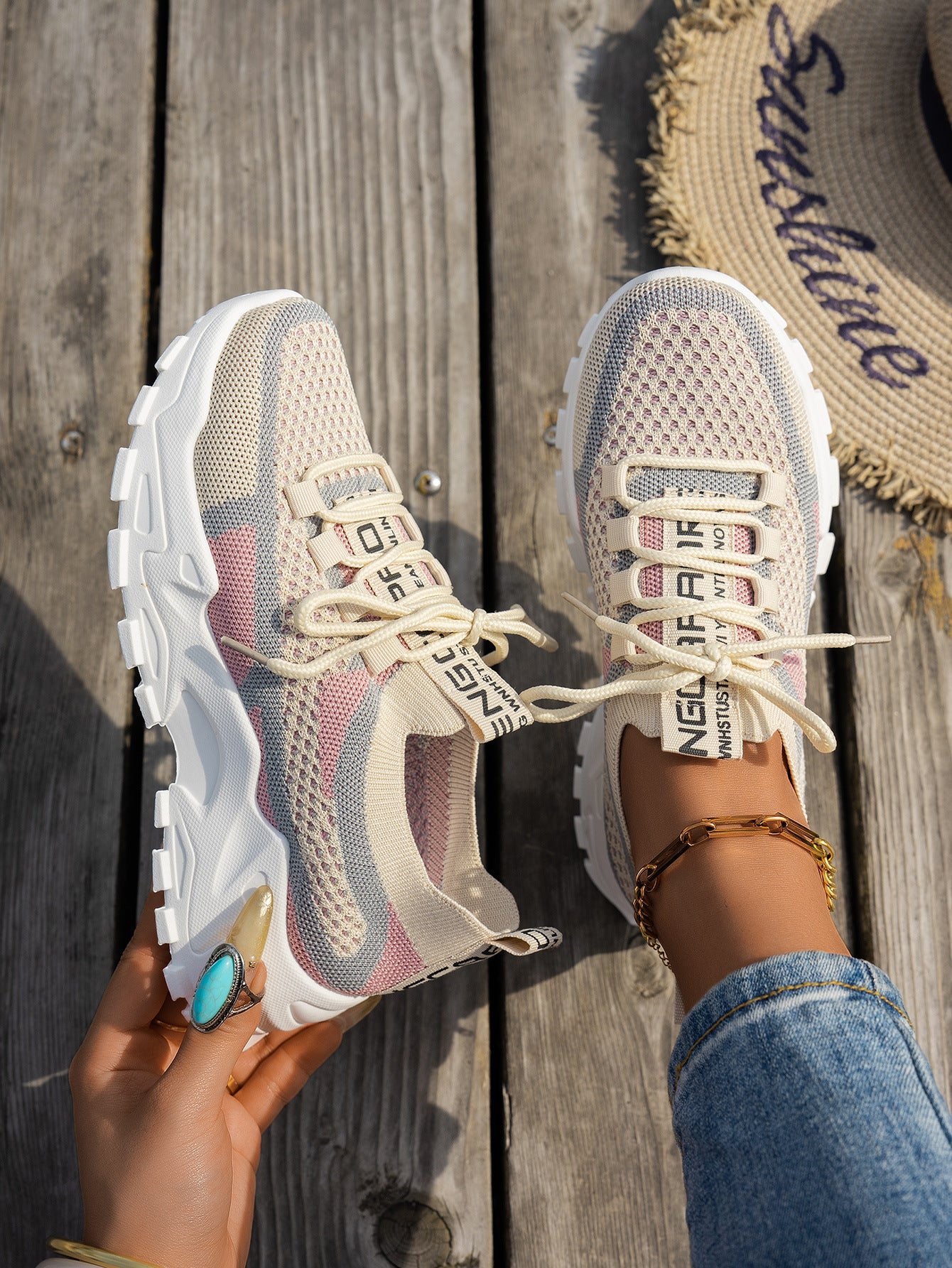 Women’s Breathable Flyknit Low Heel Shoes with Rubber Sole Material - Card Pink Blue / 36