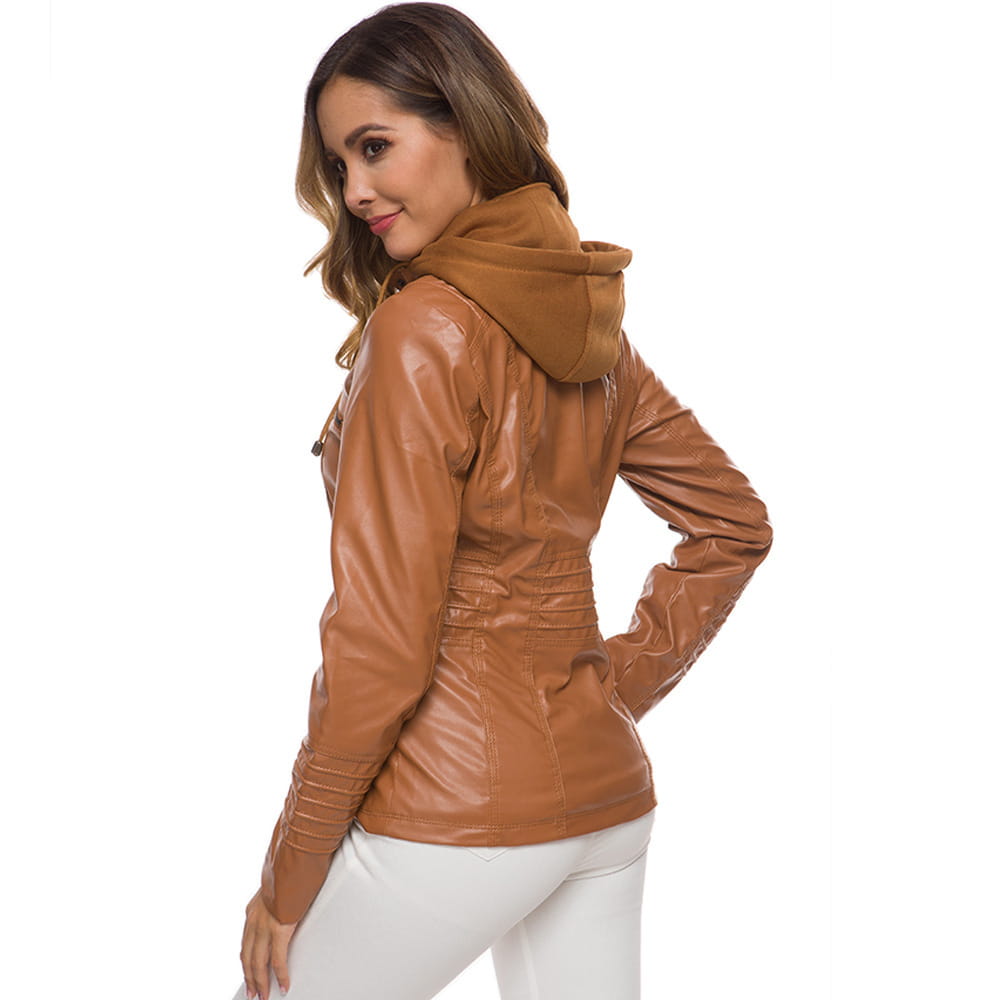 Detachable Hooded Leather Jacket with Pockets – Casual Solid Color Women’s Coat for Autumn & Winter