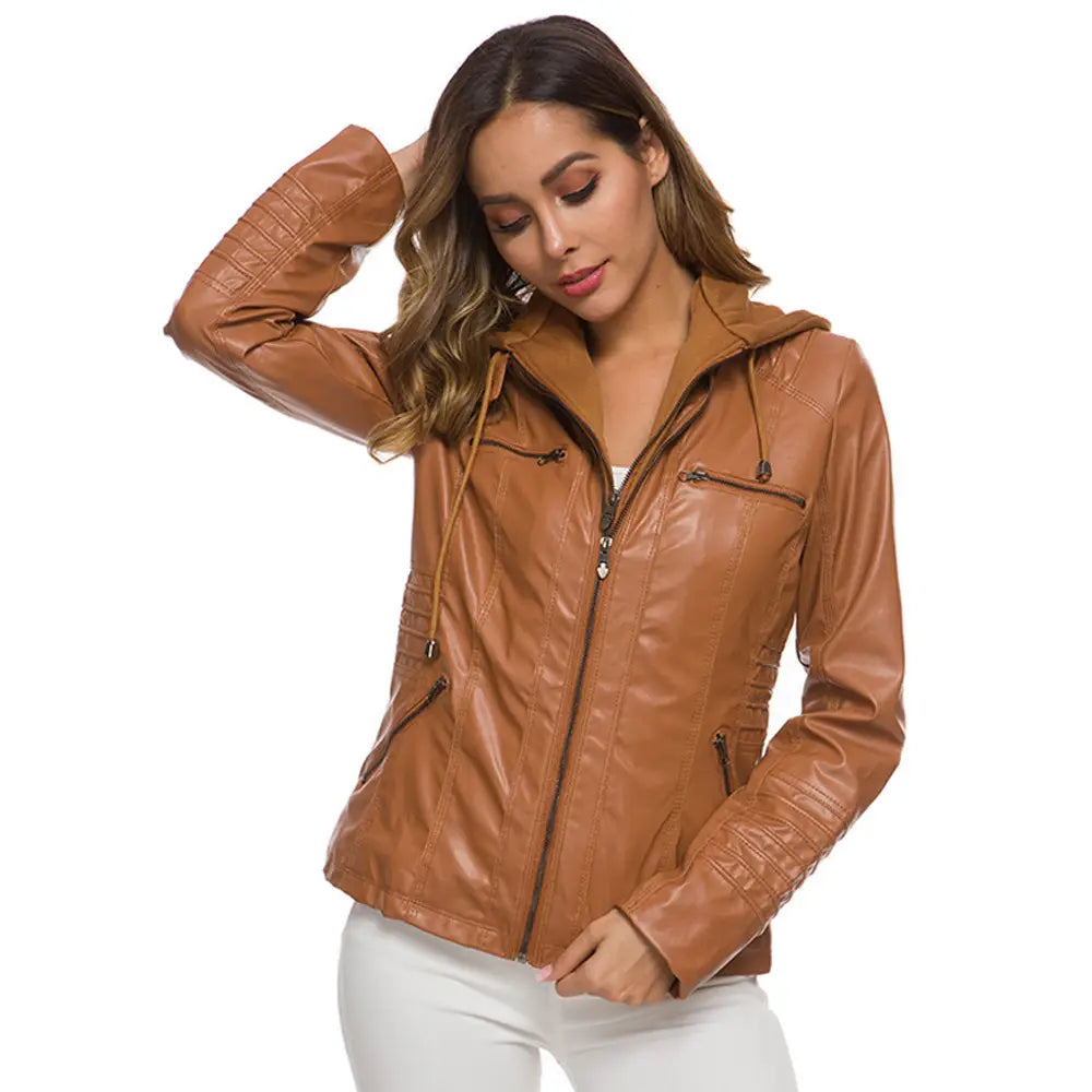 Detachable Hooded Leather Jacket with Pockets – Casual Solid Color Women’s Coat for Autumn & Winter