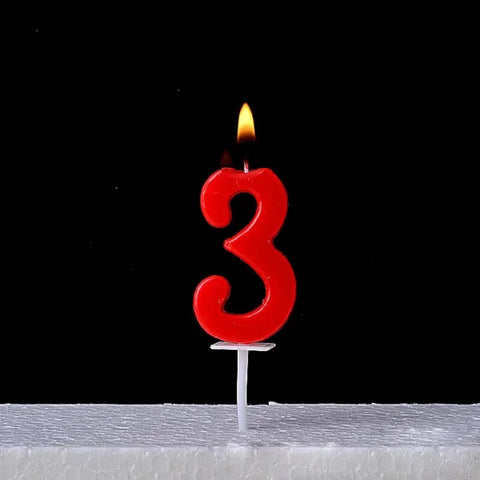 Lit red number 3 birthday candle on Champagne Gold Paraffin Candle with ABS Materials