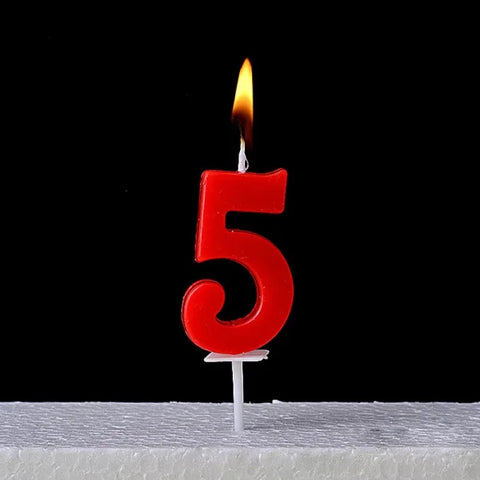 Lit red number 5 birthday candle on a Champagne Gold Paraffin Candle with ABS Materials