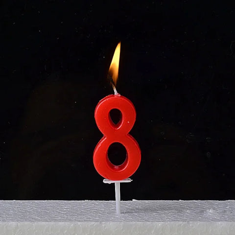 Lit red number 8 birthday candle atop Champagne Gold Paraffin Candle with ABS Materials