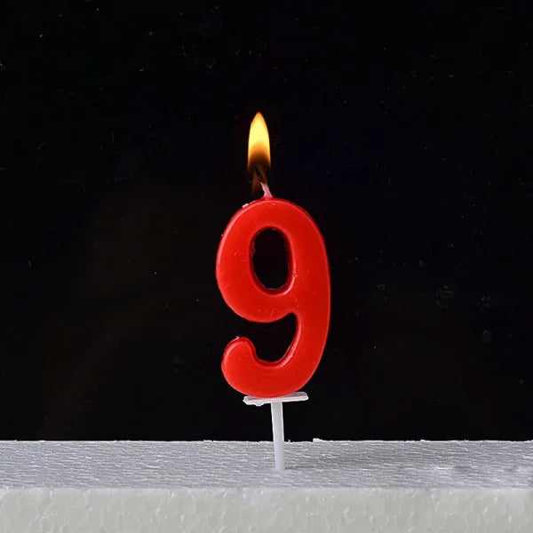 Lit red number 9 birthday candle on Champagne Gold Paraffin Candle with ABS Materials