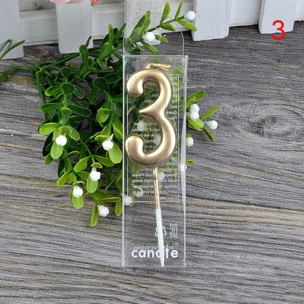 Gold metallic number 3 birthday candle in clear packaging for Champagne Gold Paraffin candle