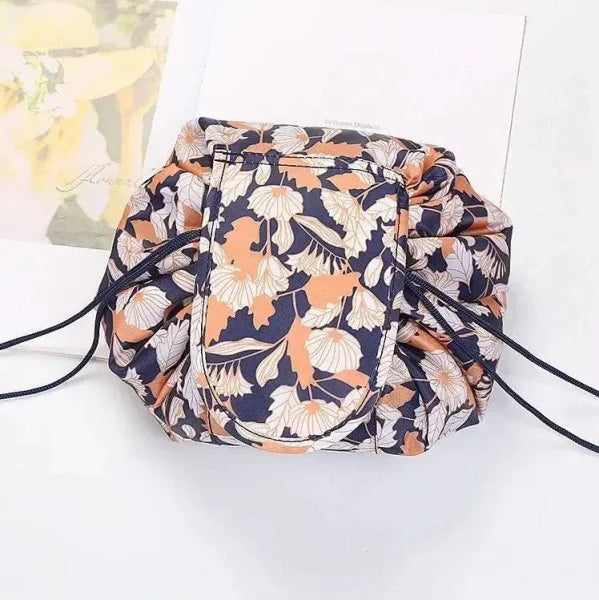 Chic waterproof drawstring makeup organizer in floral navy, peach, white