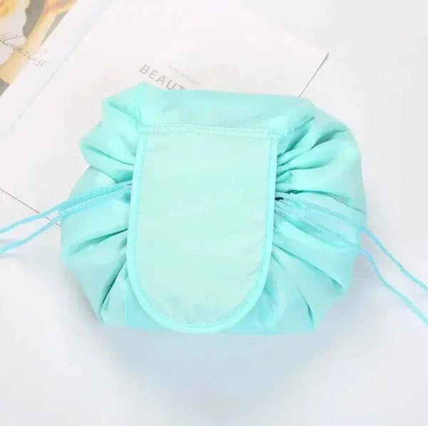 Mint green Chic Cosmetic Bag, a waterproof drawstring makeup organizer with gathered edges