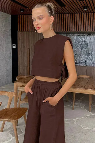 Women’s Linen Pant Set - Chic Holiday Outfit for Effortless Style - Brown / S