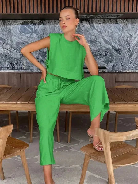 Women’s Linen Pant Set - Chic Holiday Outfit for Effortless Style - Green / M