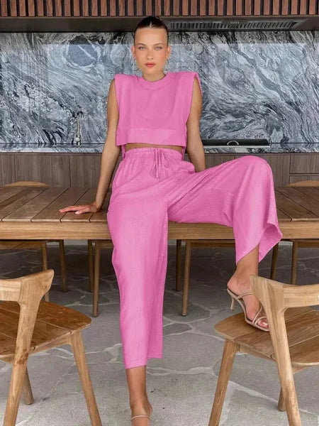 Women’s Linen Pant Set - Chic Holiday Outfit for Effortless Style - Pink / M