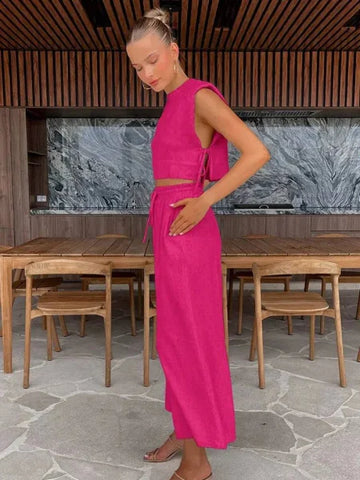 Women’s Linen Pant Set - Chic Holiday Outfit for Effortless Style - Rose Red / S