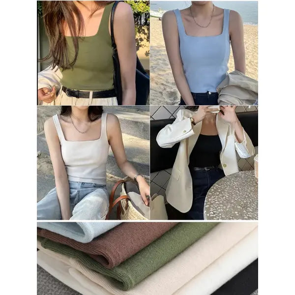 Chic Knit White U-Neck Women Tank Top Crop Length