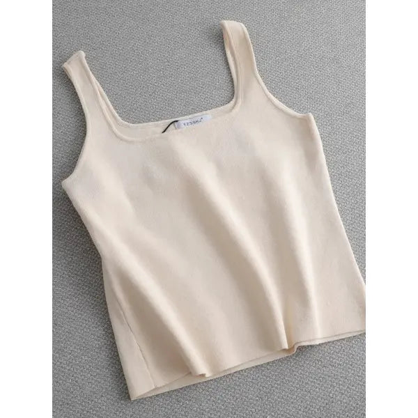 Chic Knit White U-Neck Women Tank Top Crop Length - crop beige / One Size