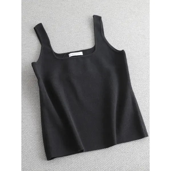 Chic Knit White U-Neck Women Tank Top Crop Length - crop black / One Size