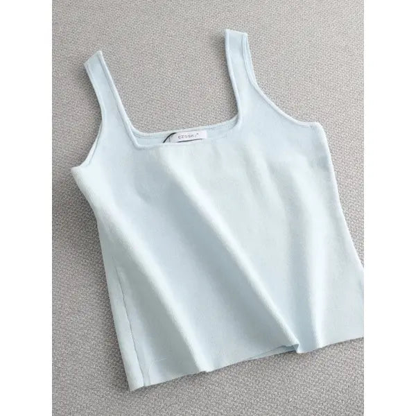 Chic Knit White U-Neck Women Tank Top Crop Length - crop blue / One Size