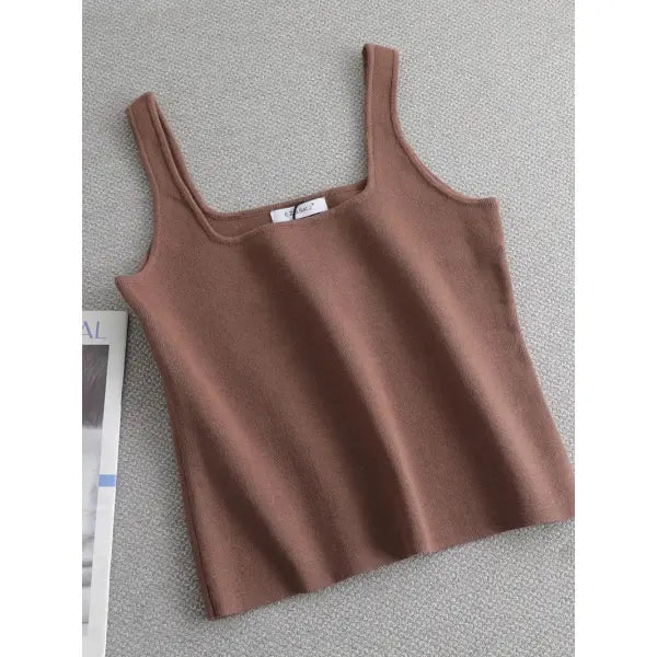 Chic Knit White U-Neck Women Tank Top Crop Length - crop coffee / One Size