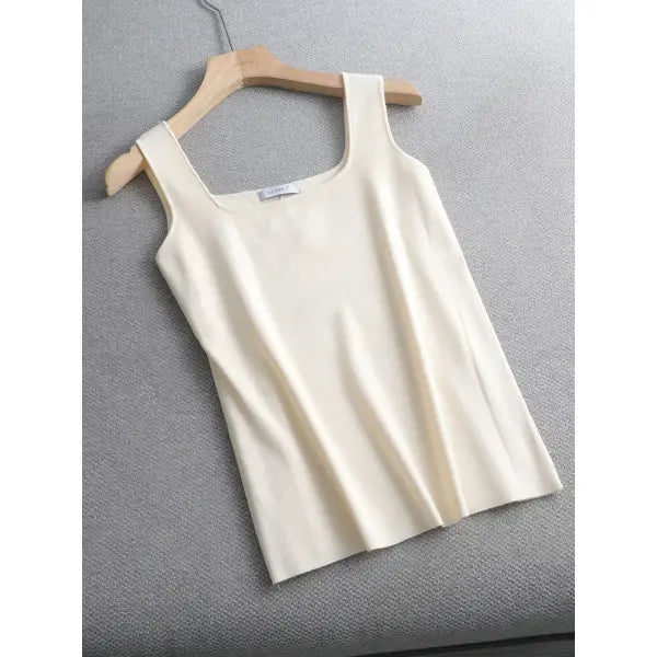 Chic Knit White U-Neck Women Tank Top Crop Length - long beige / One Size