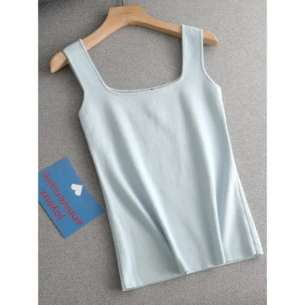 Chic Knit White U-Neck Women Tank Top Crop Length - long blue / One Size