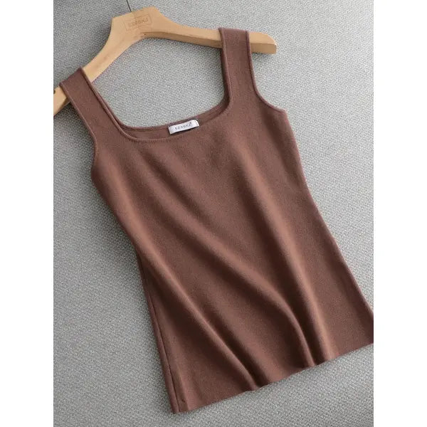 Chic Knit White U-Neck Women Tank Top Crop Length - long coffee / One Size