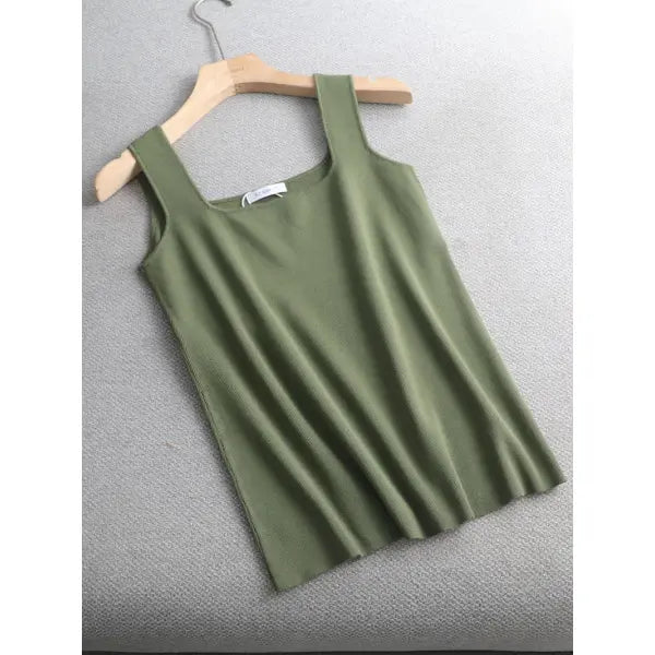 Chic Knit White U-Neck Women Tank Top Crop Length - long green / One Size