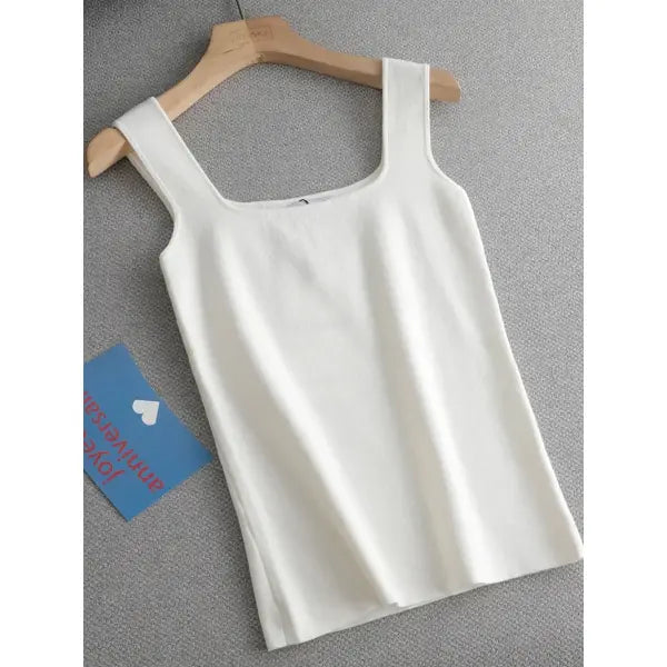 Chic Knit White U-Neck Women Tank Top Crop Length - long white / One Size