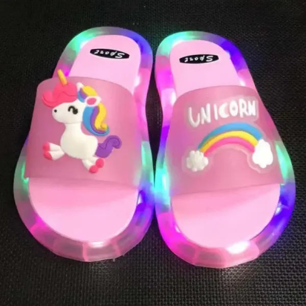 Kids Light-Up Cartoon Unicorn Slippers – Cute Animal Print Toddler Bathroom Shoes for Boys & Girls - Pink 1