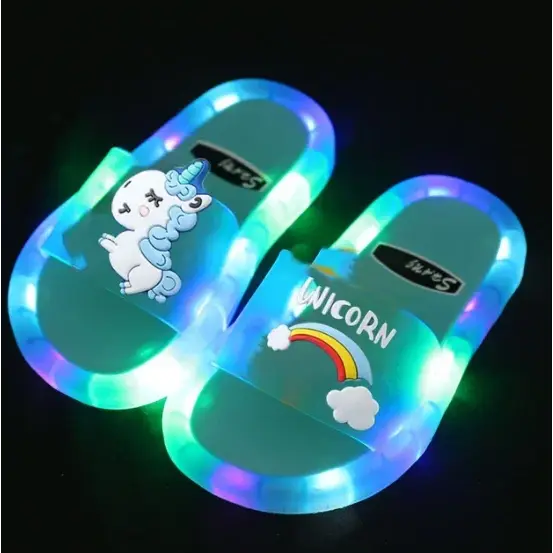 Kids Light-Up Cartoon Unicorn Slippers – Cute Animal Print Toddler Bathroom Shoes for Boys & Girls - Blue