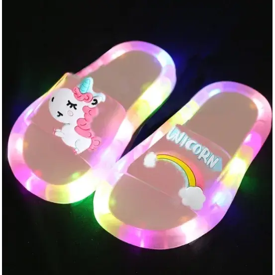 Kids Light-Up Cartoon Unicorn Slippers – Cute Animal Print Toddler Bathroom Shoes for Boys & Girls - Pink