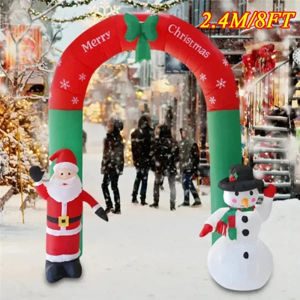 Inflatable Christmas decoration featuring Santa Claus and snowman for a festive atmosphere