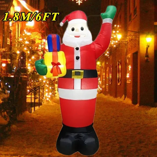 Inflatable Santa Claus decoration waving with a gift, enhancing the Christmas atmosphere