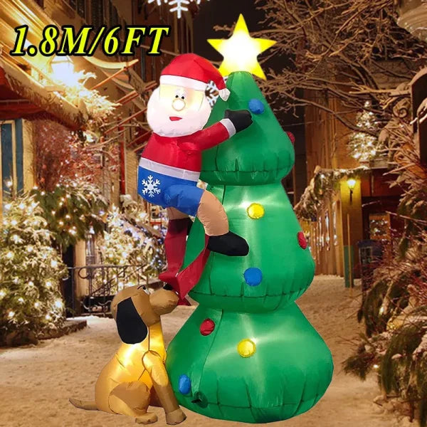 Inflatable Christmas decoration of Santa climbing a tree with a dog, enhancing the Christmas atmosphere