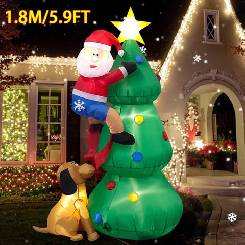 Inflatable Santa Claus climbing a Christmas tree creates a festive Christmas atmosphere