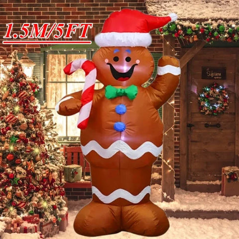 Inflatable gingerbread man decoration with Santa hat and LED lights for a festive Christmas atmosphere