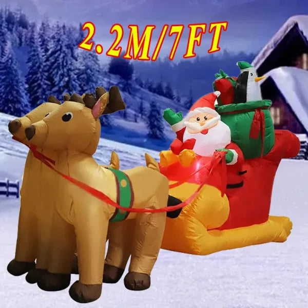 Inflatable Christmas decoration featuring Santa in a sleigh with reindeer for festive ambiance